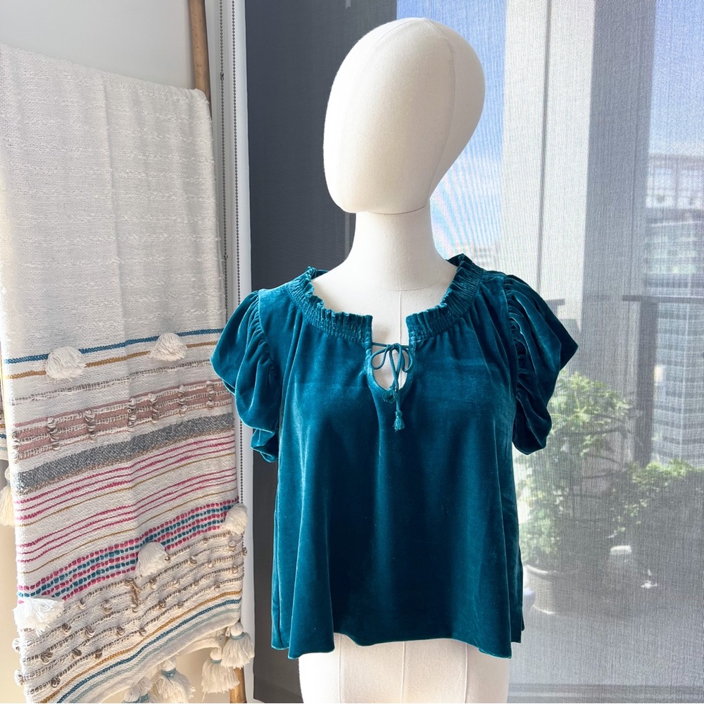 Free People Turquoise Velvet Short Puff Sleeve Pullover Top Women’s Size XS - Picture 1 of 8